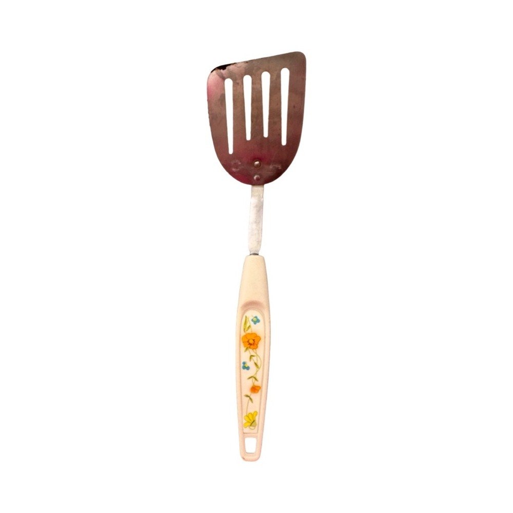 Vintage Foley Chrome Plated Slotted Spatula Turner Floral Cream Handle Retro MCM